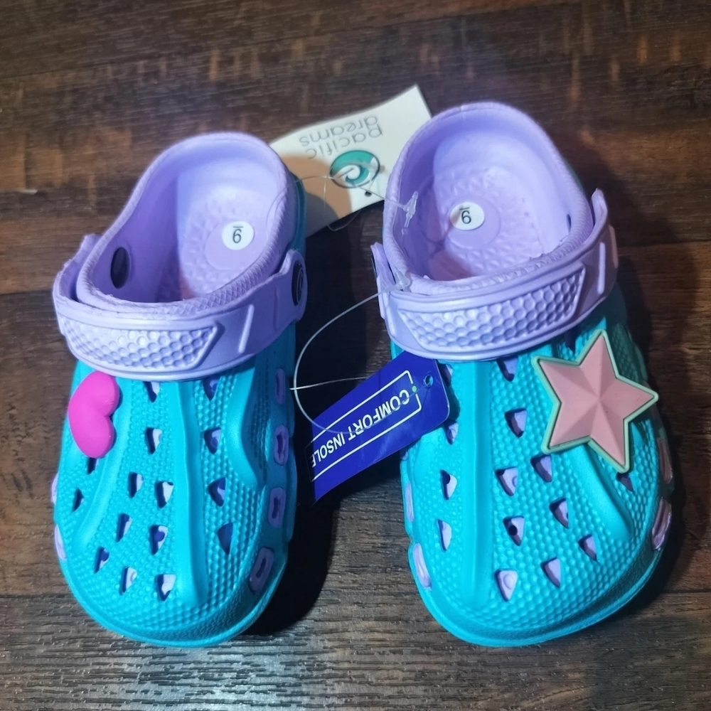 Girls Rubber Clogs Blue Hearts Stars Size 9